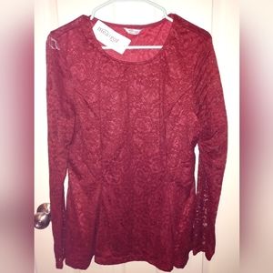 Meaneor Long sleeve Floral lace casual top. Color: Wine Red. Size: L. NWOT